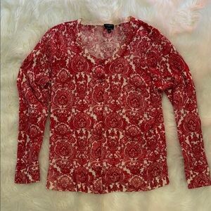 Talbots Red Patterned Ikat Paisley Merino Button Down Cardigan